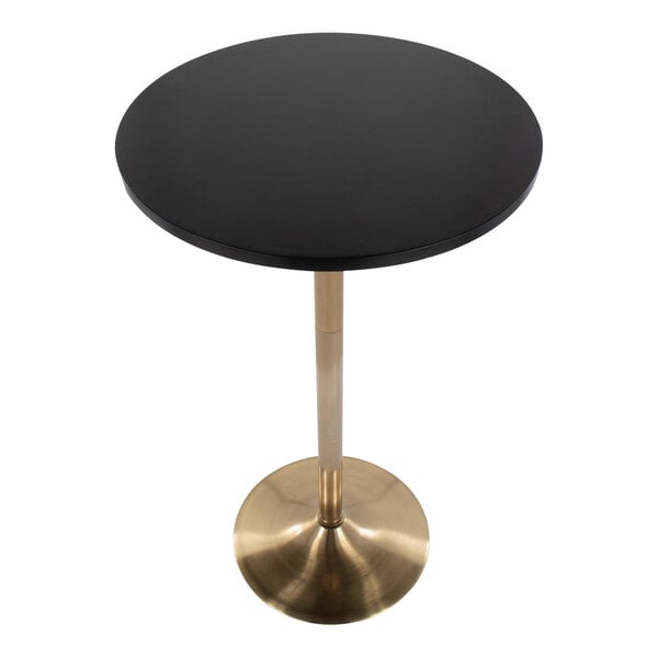 A round black adjustable-height table with a gold metal base.