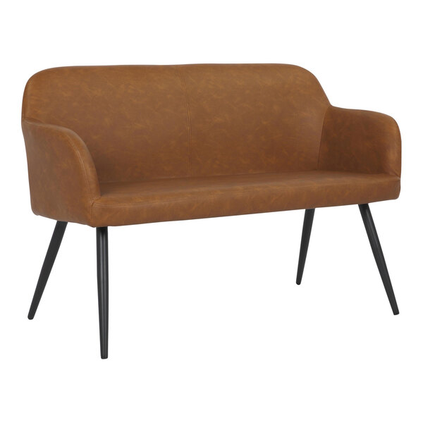 A camel-colored faux leather bench with a high back, armrests, and black steel legs.