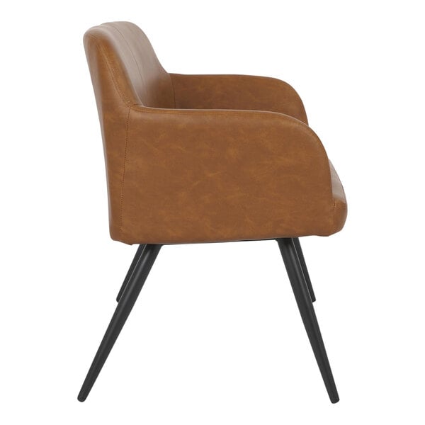 A camel-colored faux leather high back bench with armrests and black steel legs.