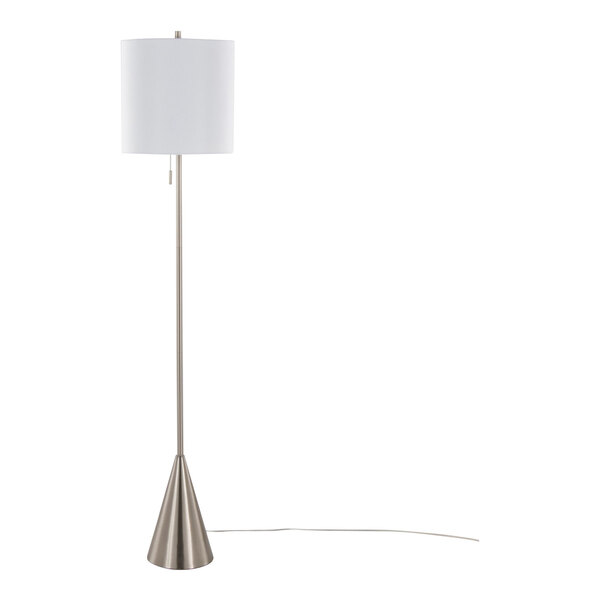 A brushed nickel floor lamp with a conical base and a white linen drum shade.
