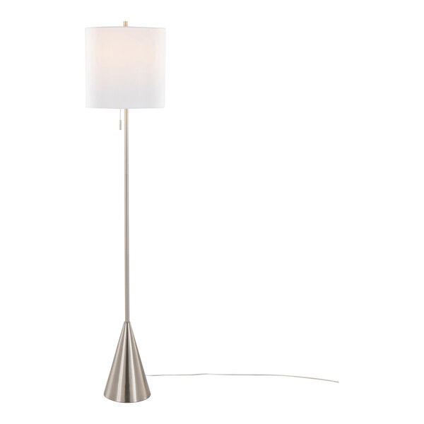 A brushed nickel floor lamp with a conical base and a white linen drum shade.