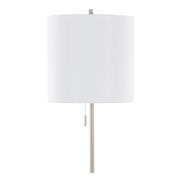 A brushed nickel floor lamp with a white linen drum shade and a pull chain switch.