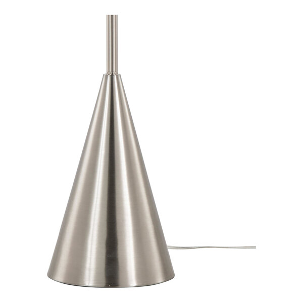 A brushed nickel cone-shaped floor lamp with a white linen drum shade.
