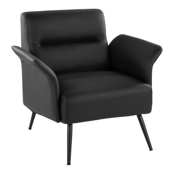 A black faux leather accent chair with angled armrests and black metal legs.