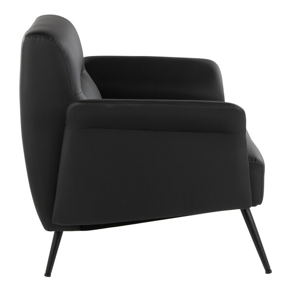 A black faux leather accent chair with a black metal frame.