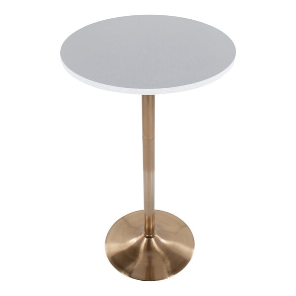 A round white adjustable-height table with a gold metal base.