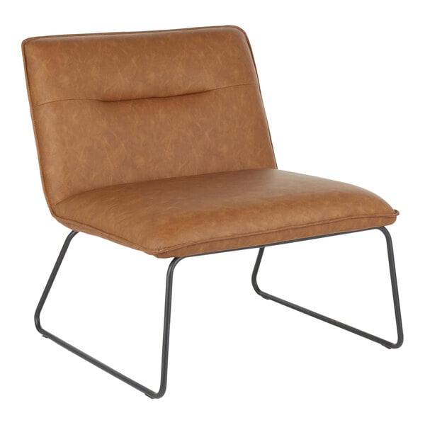 A camel-colored faux leather accent chair with a black steel frame.