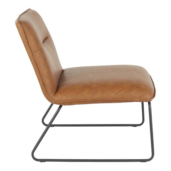 A modern accent chair with camel-colored faux leather upholstery and a black steel frame.