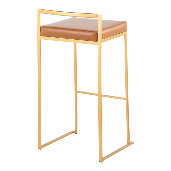A gold steel barstool with a low back and a camel faux leather seat.