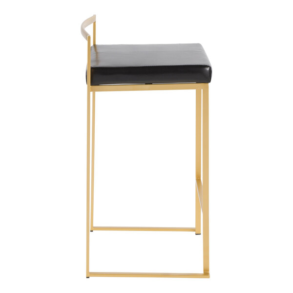 A modern counter height stool with a gold steel frame, low back, and black faux leather seat.