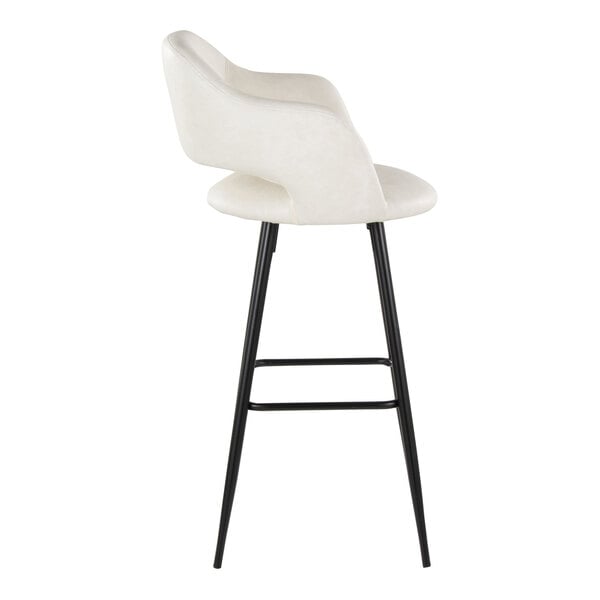 A modern barstool with a cream faux leather bucket seat, armrests, and black metal legs.