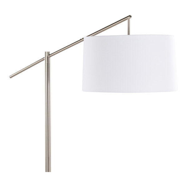 A brushed nickel floor lamp with an off-white linen drum shade.