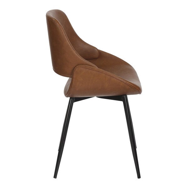A camel-colored faux leather chair with an open back and black metal legs.