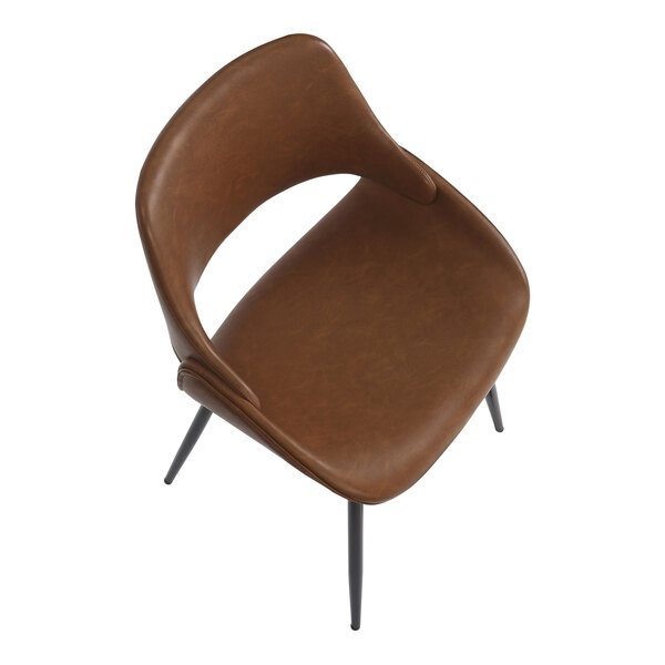 A camel-colored faux leather chair with an open back and black metal legs.