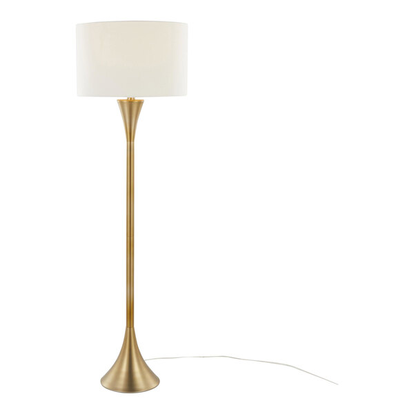 A gold metal floor lamp with a white linen drum shade.
