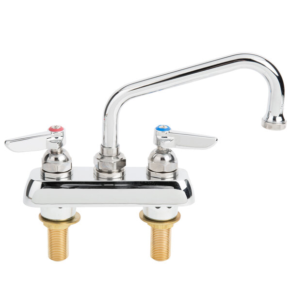A T&S chrome deck-mount faucet with two handles.