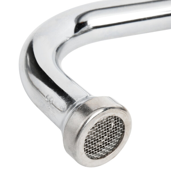 A close-up of a T&S deck mount workboard faucet with a 6" swing nozzle.