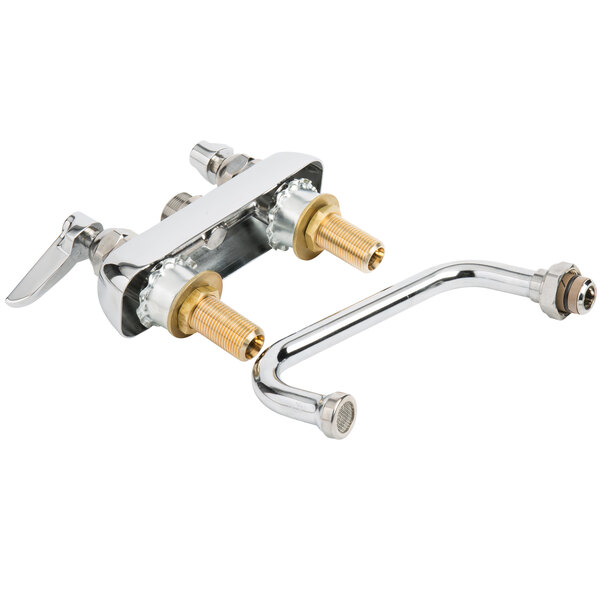 A T&S deck-mount faucet with a 6" swing nozzle and two brass handles.