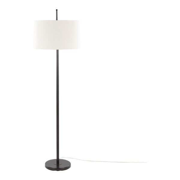 A tall oil bronze metal floor lamp with a natural linen drum shade.