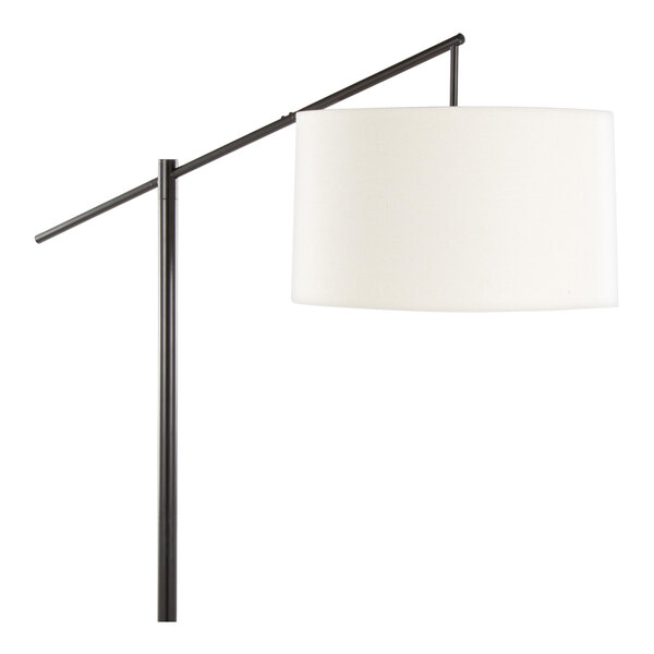 A modern oil bronze metal floor lamp with a natural linen drum shade.