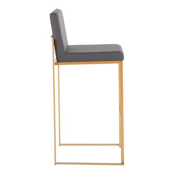A modern barstool with a gold steel frame and a gray faux leather seat and back.