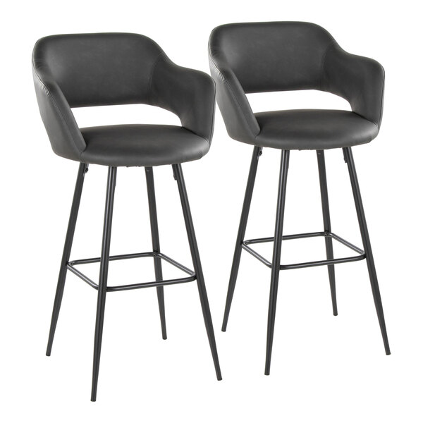 A pair of black metal barstools with gray faux leather bucket seats and armrests.