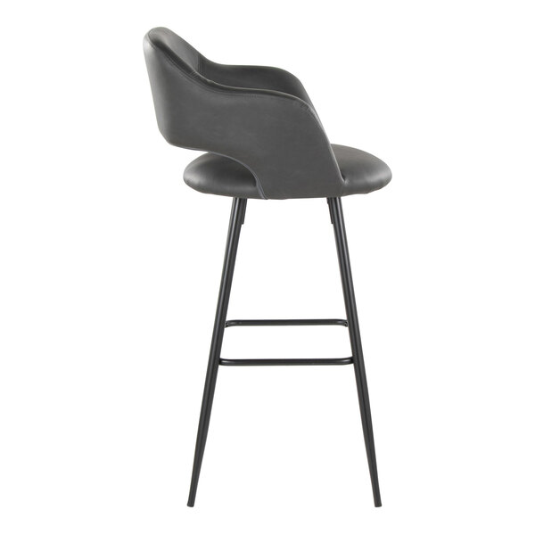 A black metal barstool with a gray faux leather bucket seat and armrests.