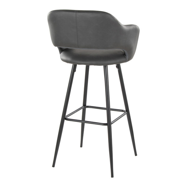 A black metal barstool with a gray faux leather bucket seat and armrests.