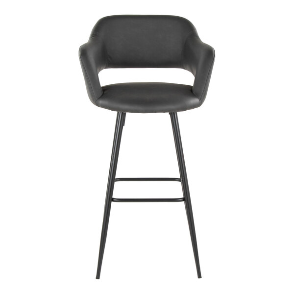 A black metal barstool with a gray faux leather bucket seat and armrests.