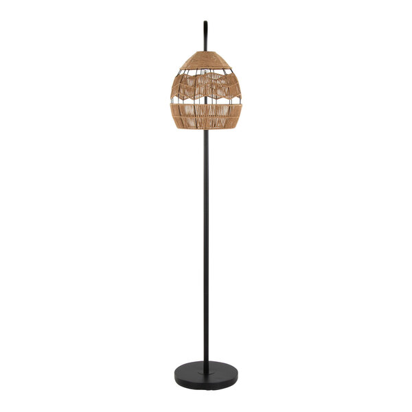 A matte black metal floor lamp with a brown woven rope shade.