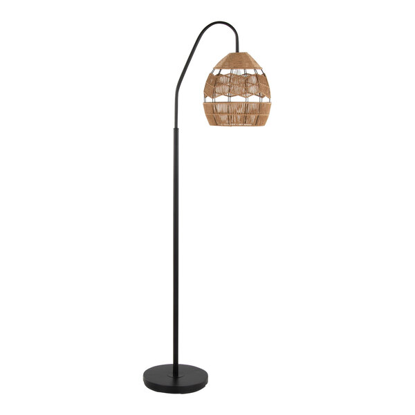 A matte black metal floor lamp with a brown woven rope shade.