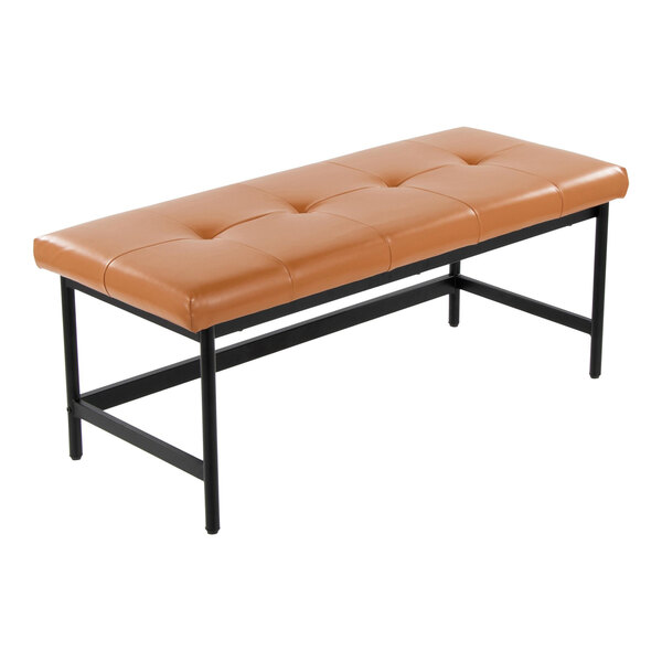 A rectangular bench with camel-colored faux leather upholstery and a black metal frame.