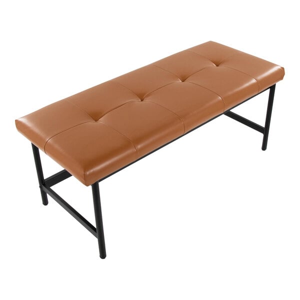 A rectangular bench with camel-colored faux leather upholstery and a black metal frame.