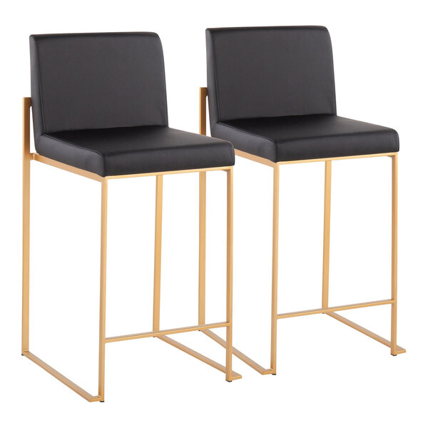 A pair of counter height stools with black faux leather seats and backs, featuring gold steel frames.