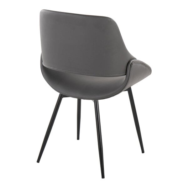 A gray faux leather chair with an open back and black metal legs.