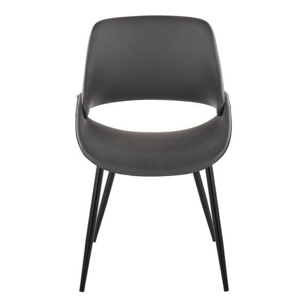 A gray faux leather chair with an open back and black metal legs.