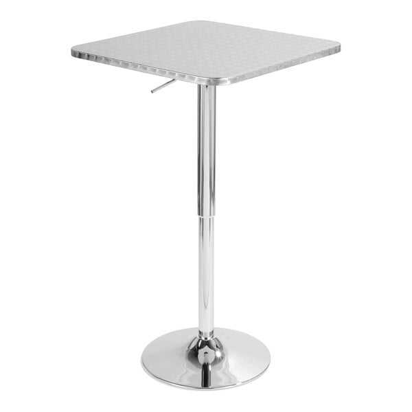 A square silver brushed aluminum adjustable height bar table with a chrome base.