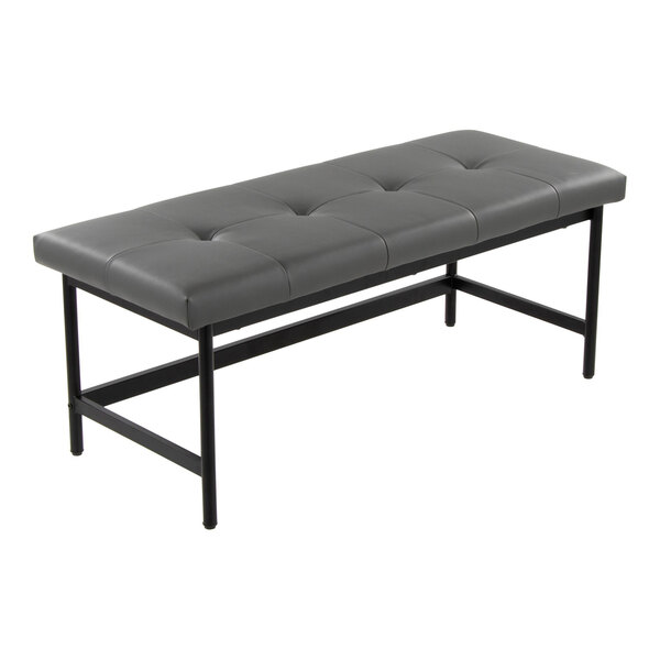 A gray faux leather bench with a black metal frame.