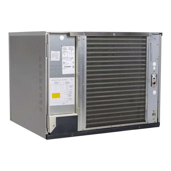 A commercial air-cooled ice machine unit with a metal exterior and visible internal components.