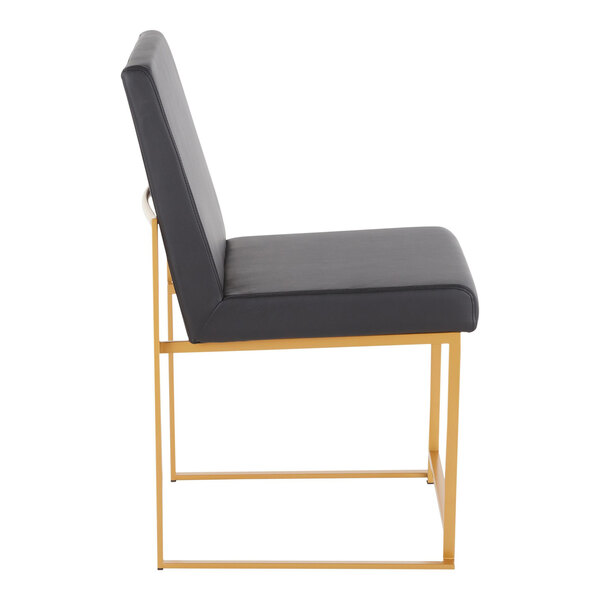A modern side chair with a black faux leather high back and seat, featuring a gold brushed stainless steel frame.