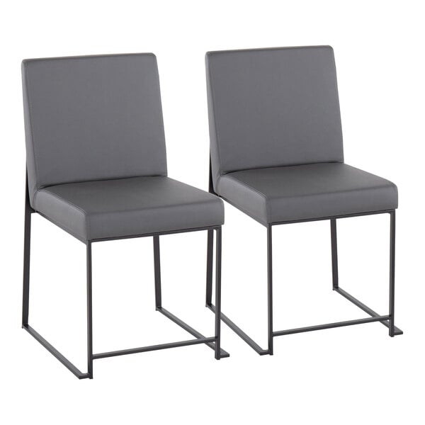 A pair of gray faux leather high back side chairs with black brushed stainless steel frames.