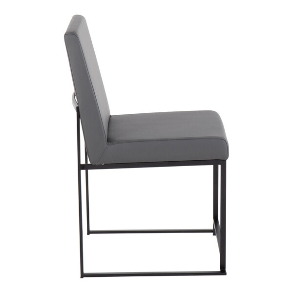 A gray faux leather high back side chair with a black brushed stainless steel frame.
