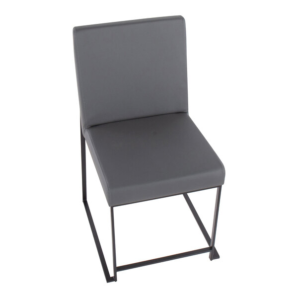 A gray faux leather high back side chair with a black brushed stainless steel frame.