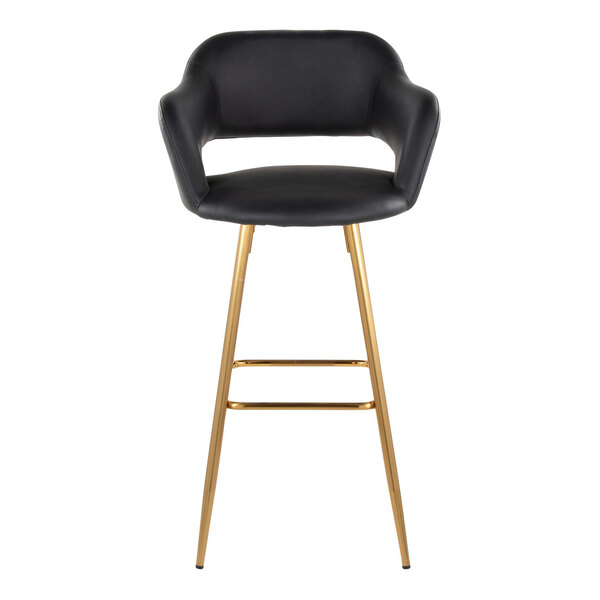 A black faux leather barstool with a bucket seat, armrests, and gold metal legs.