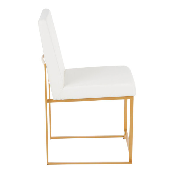 A modern side chair with a white faux leather seat and backrest, featuring a gold brushed stainless steel frame.