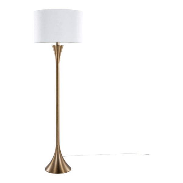 A matte golden bronze metal floor lamp with a white linen drum shade.