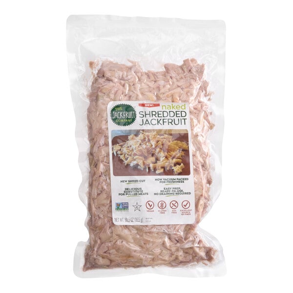 A vacuum-sealed bag of The Jackfruit Company Naked Shredded Jackfruit.