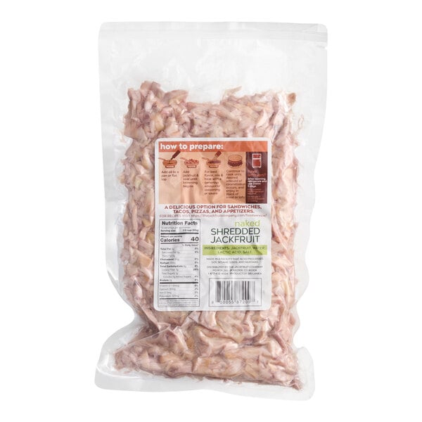 A clear plastic bag containing shredded jackfruit from The Jackfruit Company.