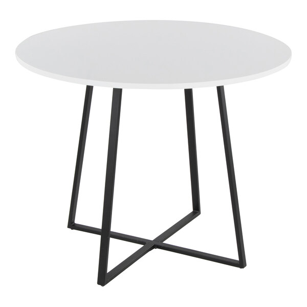 A round white dining table with a black metal base.