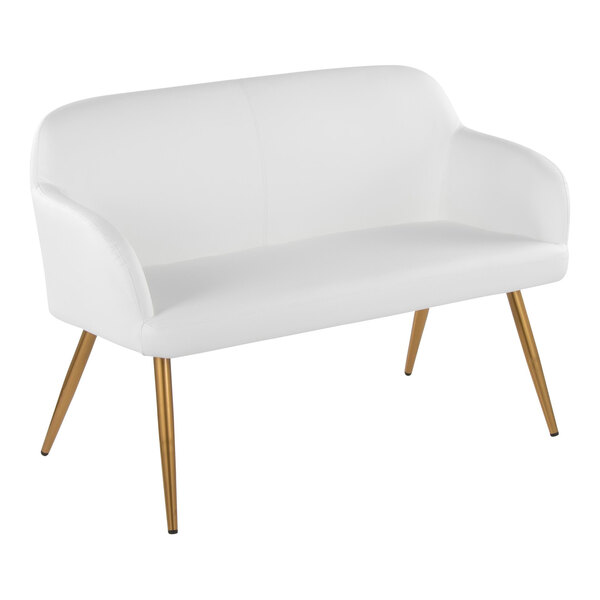 A white faux leather high back bench with armrests and gold steel legs.